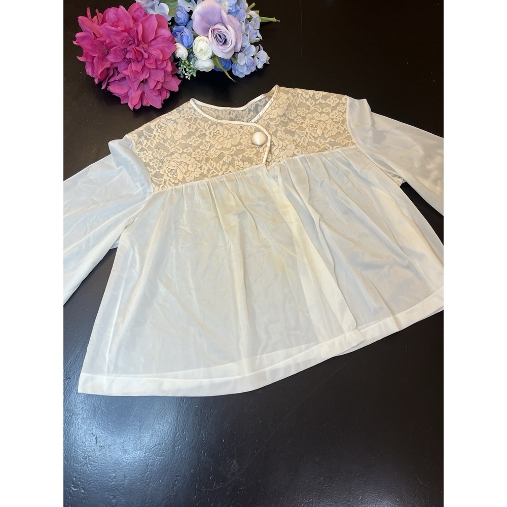 Vanity Fair Vintage 60s 70s Baby Blue Cream Lace Nighty Lingerie Blouse Sz M USA
